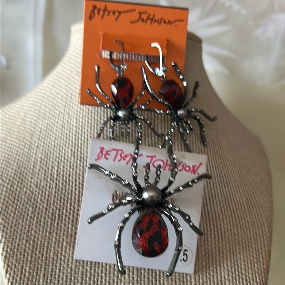 Betsey Johnson Silver and Red Spider Earrings with Ring